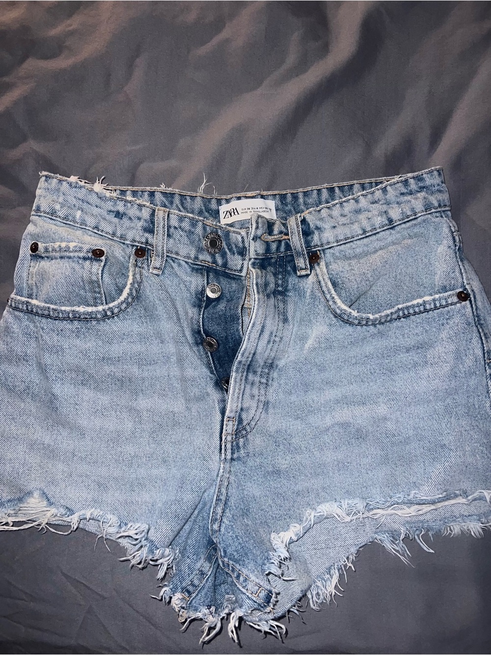 Zara Light Blue High-Rise Distressed Denim Shorts button fly